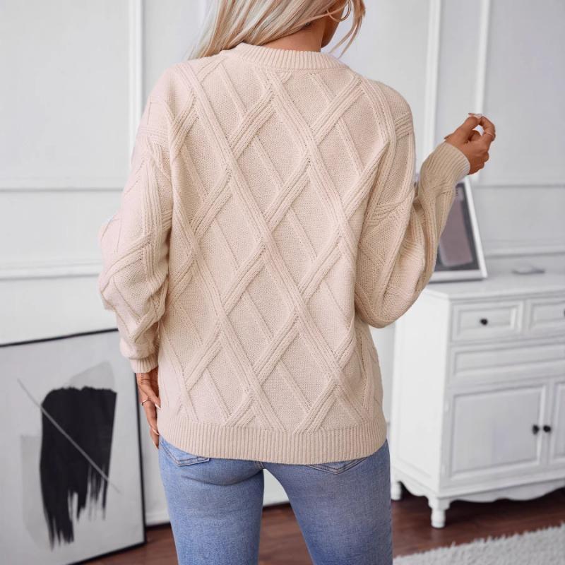 Women S Loose Crew Neck Pullover Knit Sweater With Diamond Pattern
