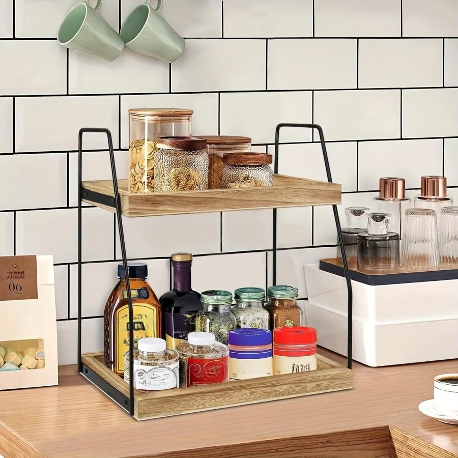 2-Tier Farmhouse Coffee Bar Organizer, Wood & Metal Countertop Shelf for Kitchen & Bathroom, Rustic Display Tray for Mugs