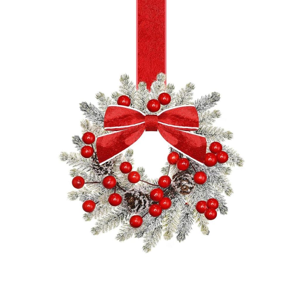 Artificial Christmas Wreath for Front Door Winter Greenery Wreath with Red Berries and Velvet Bow for Holiday New Year Decor