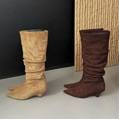 2025 Autumn and Winter New Retro Pointed Suede Wedge Heel Boots Femininity Thin Pleated Pile Knight Boots