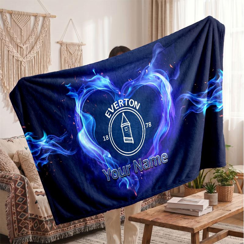 Everton FC Personalized Fleece Blanket With Football Logo, Custom Name Text Soft Warm Home Throw Blanket