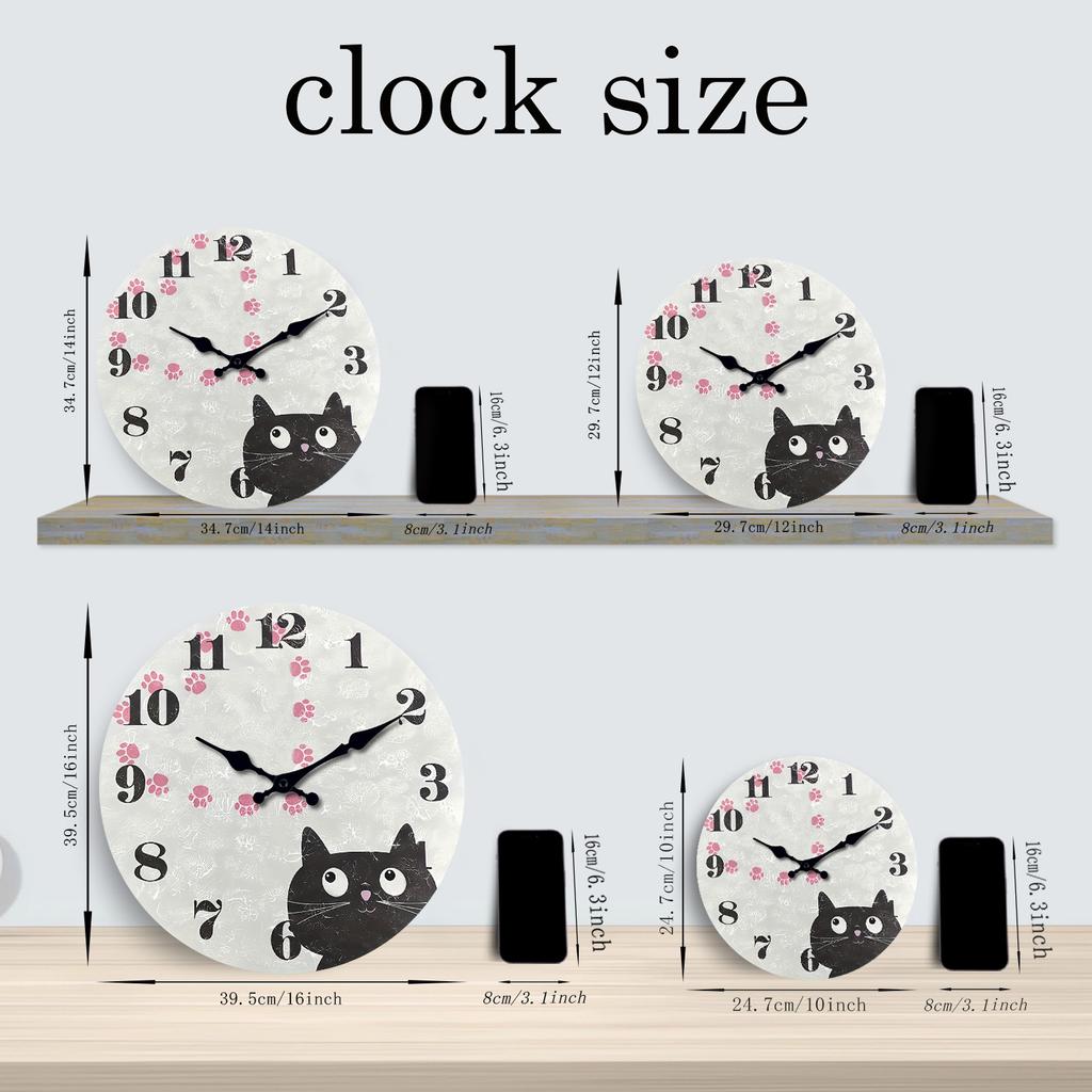 Personalized Cute Black Cat Paw Print Heart Pattern Wooden Wall Clock Silent Quartz Clock (No Battery)