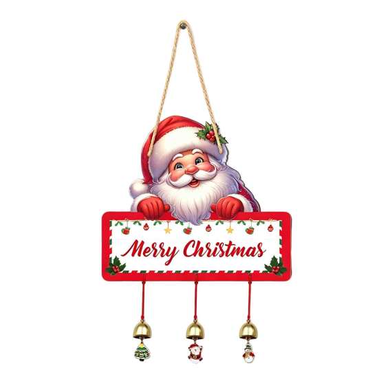 Santa Claus Wall Ornament Merry Christmas Wooden Door Hanging Sign with Bells, Rustic Snowman Black Cat Xmas Window Hanger Tree Reindeer Decorative