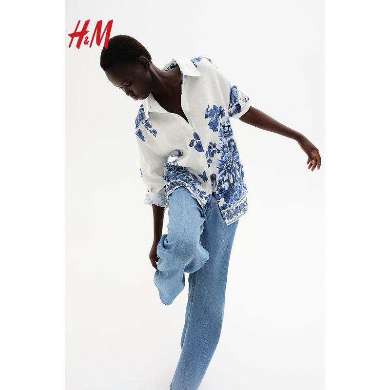 

HM Women clothes Shirts 2025 Summer New French style Lapel Loose Print Relaxed Feeling Linen Shirts 1266562 White/Blue Florals 155/80