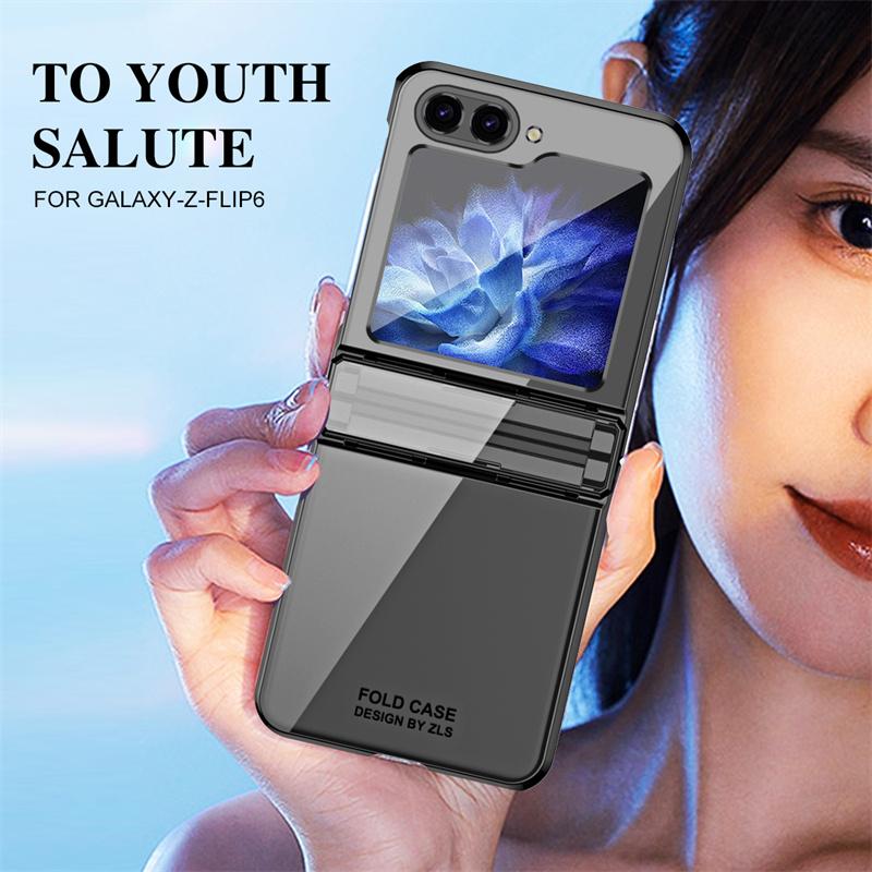 For For Samsung Galaxy Z Flip 7 6 5 4 3 5G Phone Case Fashion Electroplate Transparent Hinge Folding Shockproof Protection Cover