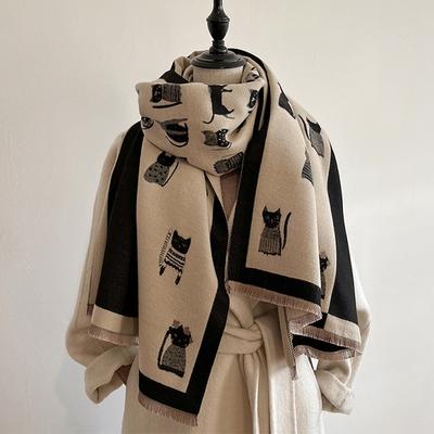 New Fashion Cute Cat Ladies' Jacquard Pashmina Cashmere Scarf Winter Thick Warmth Shawl Coldproof Windproof Blanket Scarf