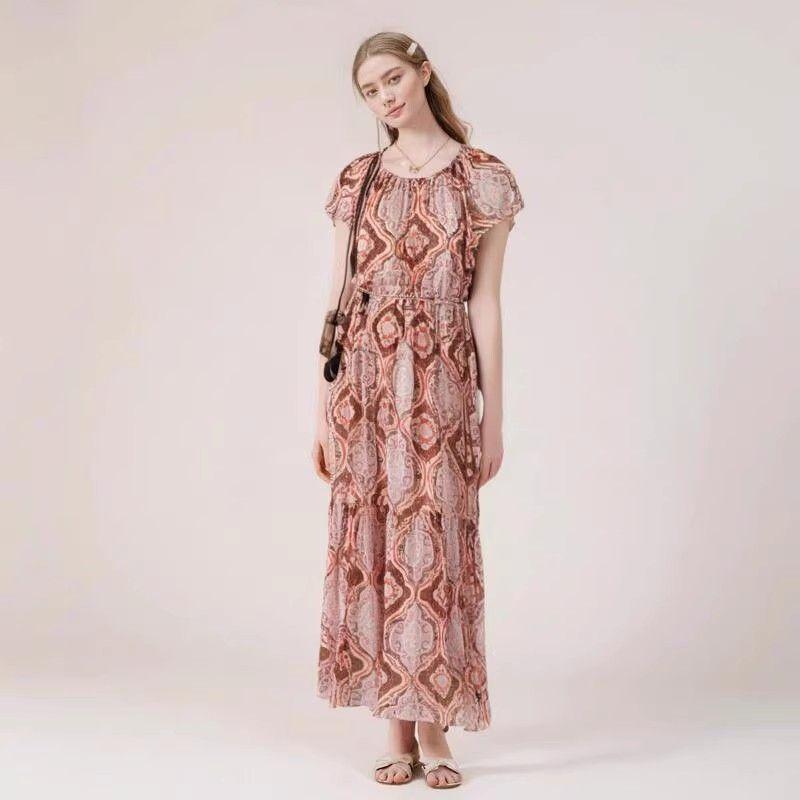 

Foreign Trade Export French style Ethnic Style Print Pleat Cotton Silk Dress Women Summer Short sleeve Lace-up Rayon Long dress Picture Color Eurocode -44