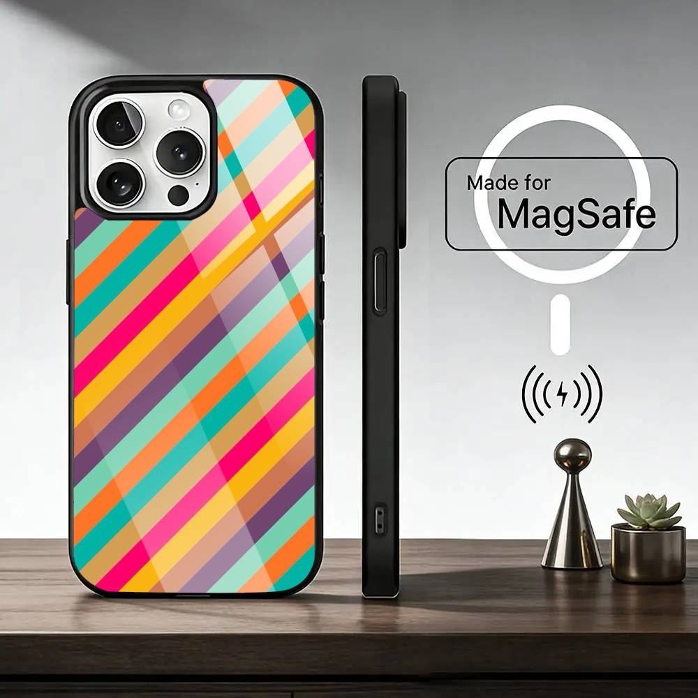 Striped Color Blocking Art Pattern Phone Case For iPhone17,16,15,14,13,12,11 Plus,Pro Magnetic For Magsafe Wireless Charging