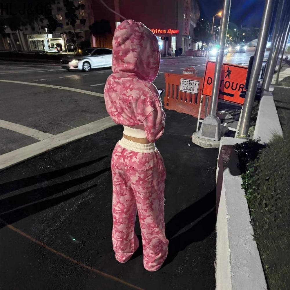 STREETRICH Fashion Y2K Camouflage Hooded Two Piece Sets Women Zipper Long Sleeve Crop Top and Pants Outfits Autumn 2pcs Streetwear