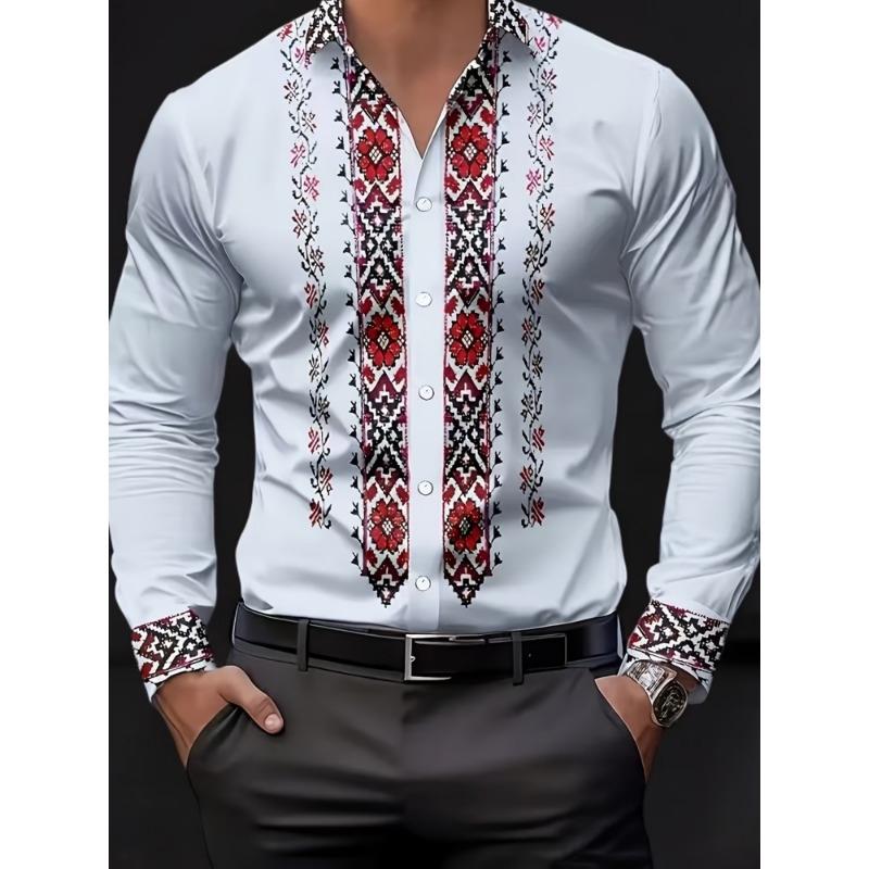 Herren Hemd im ethnischen Stil mit geometrischem Stickdruck, langärmelig, mit Vintage-Kragen, vielseitiges lässiges Oberteil für den Urlaub S gray