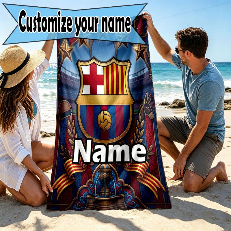 Serviette de Plage Personnalisée avec Nom Club de Football Barcelone, pour Voyage Camping Fête à la Plage Décoration Intérieure, Cadeau d'Anniversaire pour la Famille et les Amis