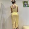 Silk Luxury Low-Cut Mesh Bandage Dress with Gold Waist for Evening Party