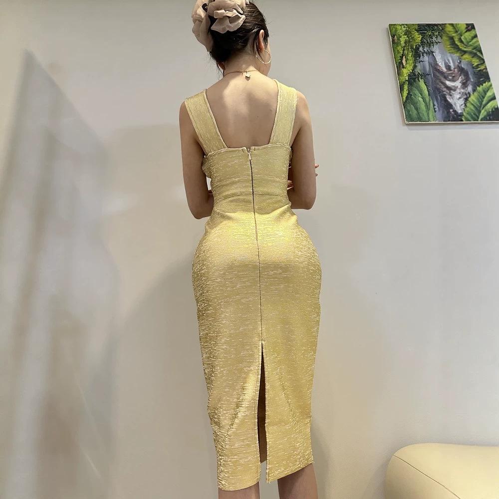 Silk Luxury Low-Cut Mesh Bandage Dress with Gold Waist for Evening Party