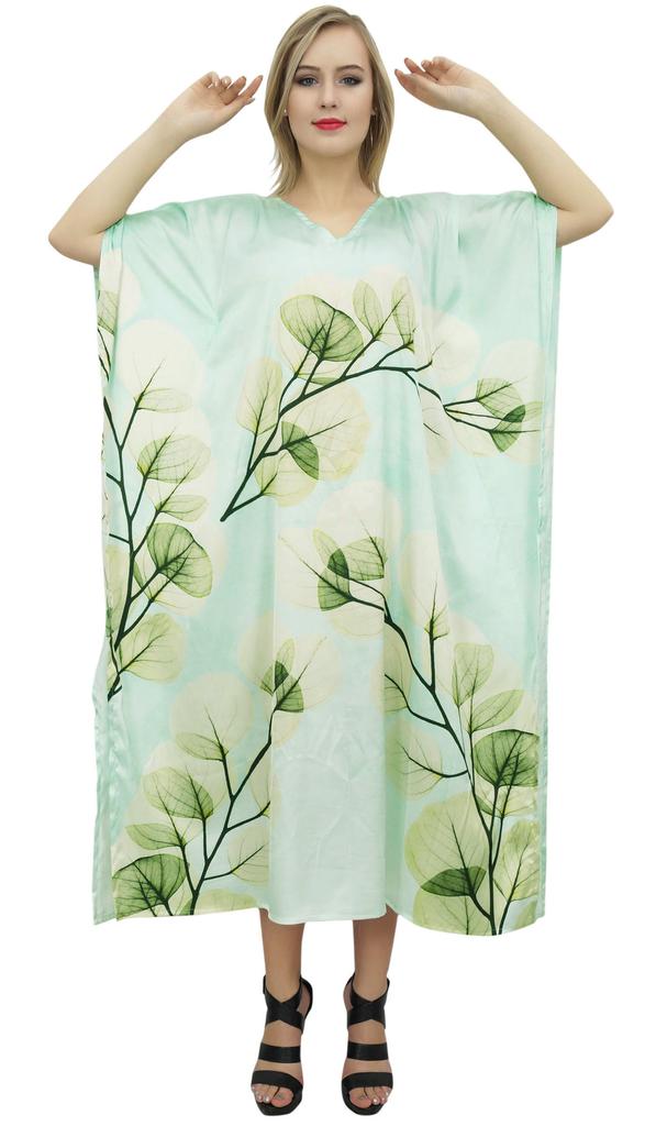Bimba Women's Floral Satin Long Kaftan Dress Aqua Blue Maxi Caftan