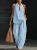 Set 2 Pezzi 2026 Stile Vacanza da Donna e Set Collo in Lino Top Senza Maniche Scollo a V Lento Pantaloni a Gamba Larga Set Due Pezzi