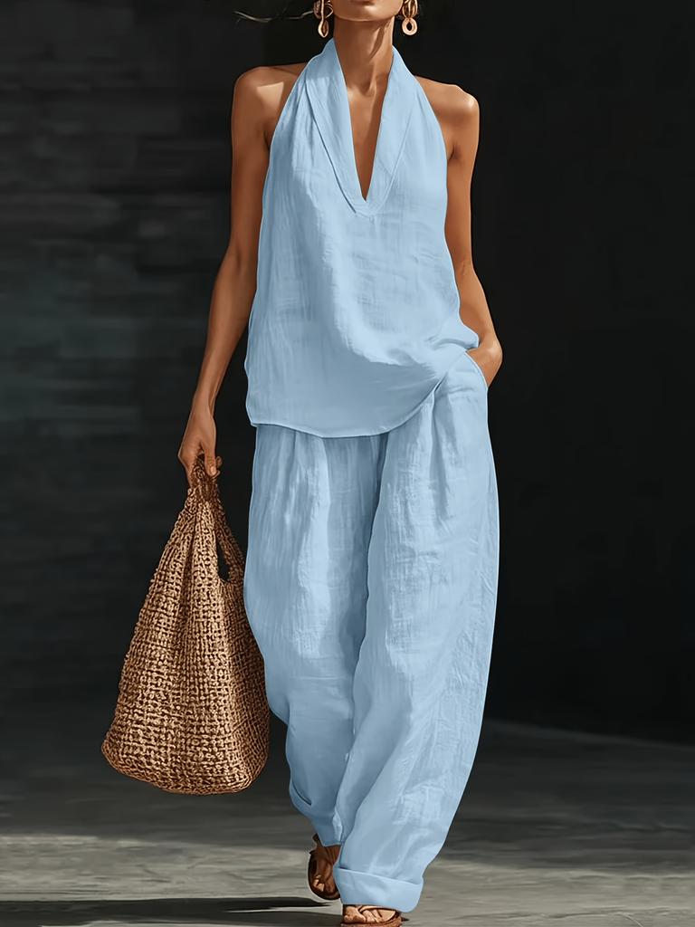 Set 2 Pezzi 2026 Stile Vacanza da Donna e Set Collo in Lino Top Senza Maniche Scollo a V Lento Pantaloni a Gamba Larga Set Due Pezzi