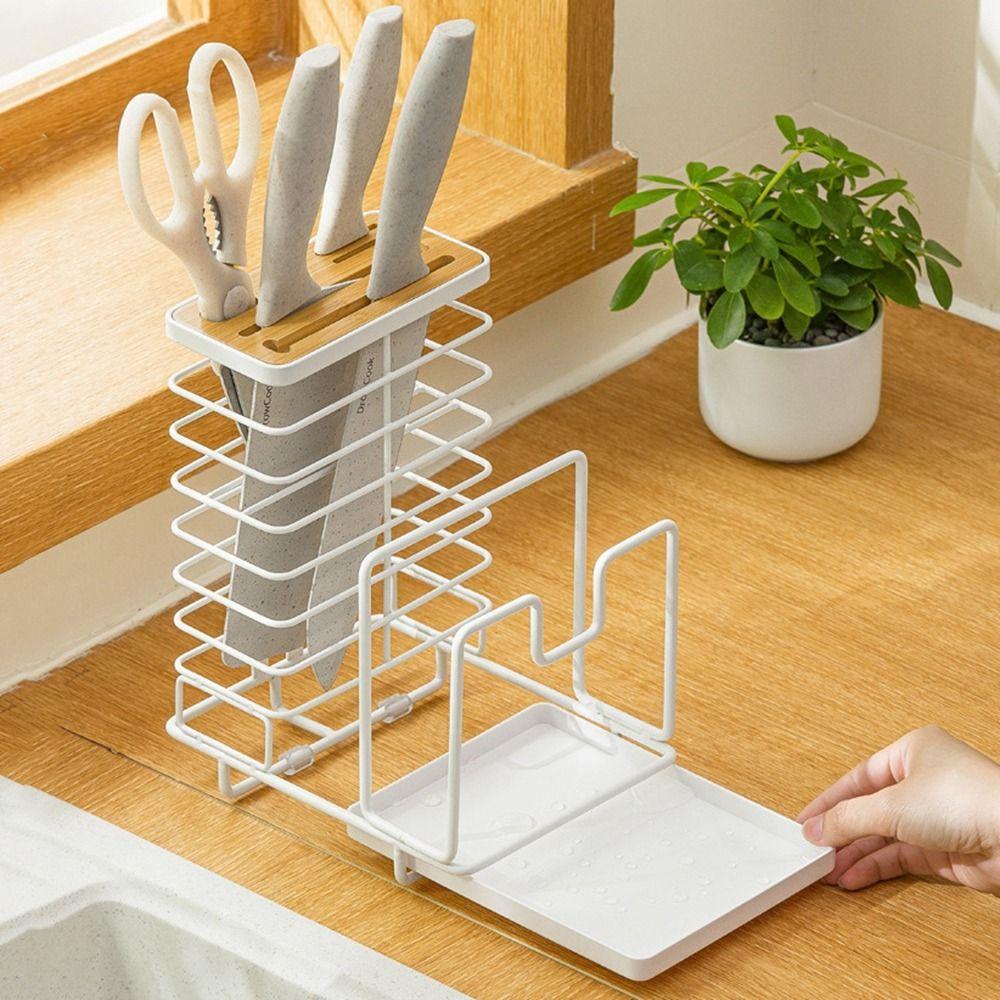 Large Capacity Cutlery Inserted Block Storage Tank Black/White Pot Cover Stand  for Kitchen