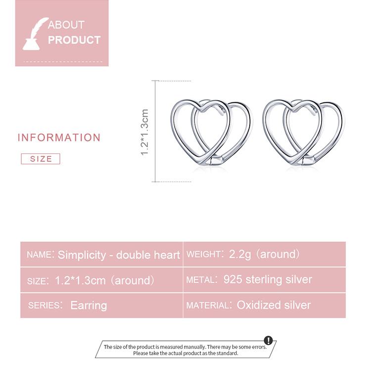 Bisaer 925 Sterling Silver Simple Fashionable Heart Shape Stud Earrings for Women Wedding Fine Jewelry