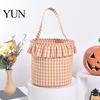 Easter Egg Hunt Carriers Halloween Basket, Plaid Ruffle Trick or Treat Candy Bucket with Handle Cloth Gift Bags for Birthdays Kids, Reusable
