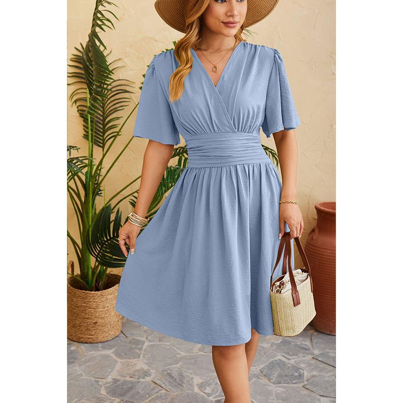 Damen V-Ausschnitt Glockenärmel Kleid Mit Gürtel Eleganter Bodycon Cocktailparty Kleid