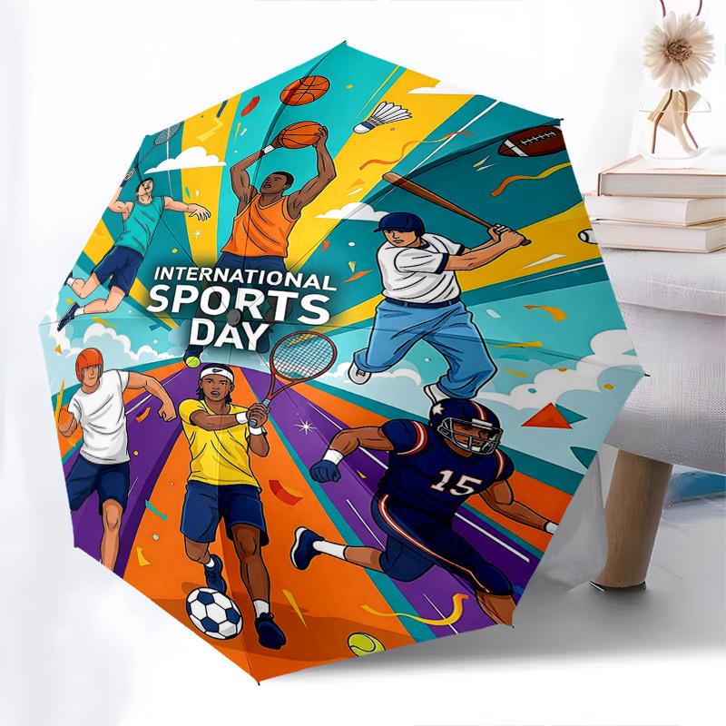 

1pc International Sports Day Automatic Opening/Closing Umbrella, Portable Tri-Fold Design with 8-Rib Iron Frame, Perfect for Fans, Travelers, Daily Us
