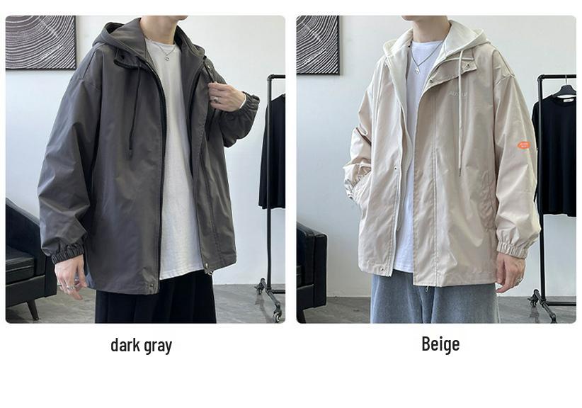 Men's Plus Size Hooded Windbreaker: Trendy Two-Piece American Style Jacket, Loose Waterproof Workwear for Spring/Autumn.