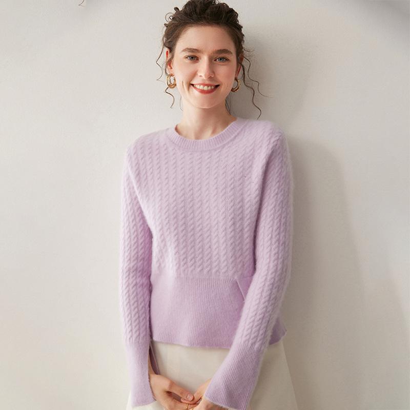 Women's Cashmere Round Neck Cable Knit Sweater - Thick, Loose Cuffs, Slit Design