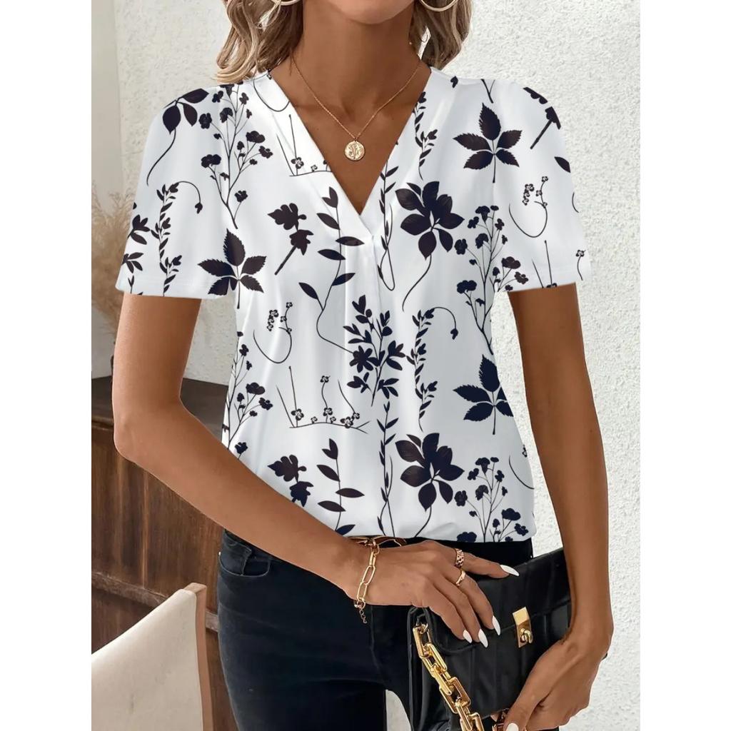 Fashion Casual Printed V-neck Top T-shirt for Women