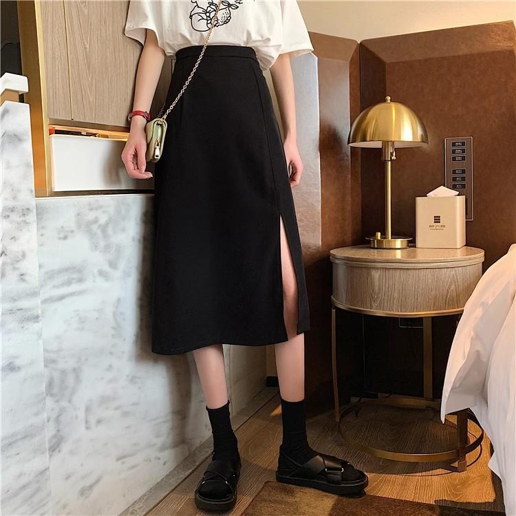 Women's Autumn Knee-Length A-Line Split Skirt Tailored Long Skirt Suitable for Pear-Shaped Figures Mid-Length Half Skirt