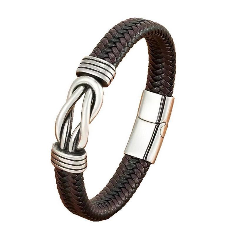 Mens Stainless Steel Bracelet with Leather, Classic Business Jewelry with Chain Design, Gift for Men