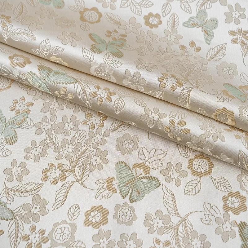 50x150cm/100x150cm Light Yellow Butterfly Flower Brocade Jacquard Fabric New Chinese Coat Vest Silky Luster Clothing Fabric