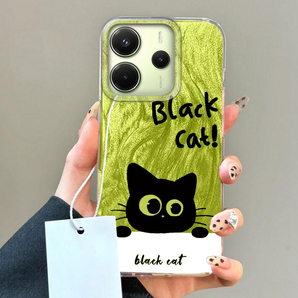 Green Cartoon Black Cat Camlet Texture Phone Case for Xiaomi Redmi 13C 14C A5 A3 A4 A3X Note 14 13 12 11 11S 10 Pro Shell Cover