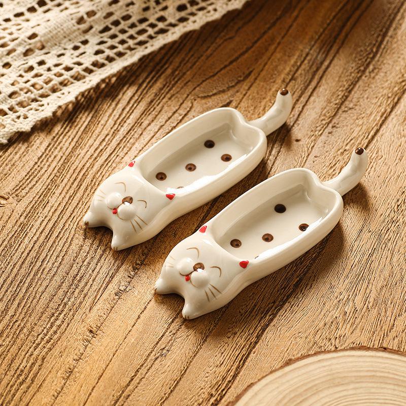 Cute Ceramic Cat Plate Japanese Soy Sauce Dish Creative Home Tableware with Chopsticks Holder