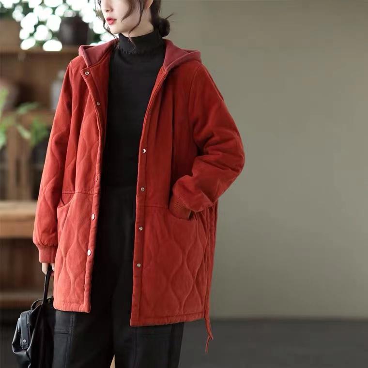 Women's Retro Padded Cotton Jacket: Autumn/Winter Hooded, Round Neck, Long Sleeve, Loose Fit, Plus Size Casual Top.