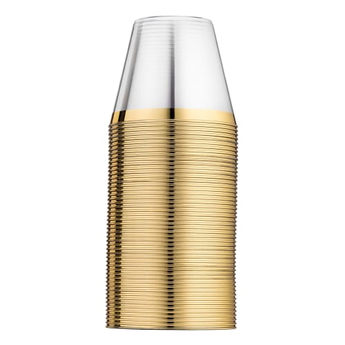 100 9 Oz Gold Plastic Cups, Clear Plastic Cups, Old Fashioned Tumblers, Gold Rimmed Cups, Fancy Disposable Wedding Cups, Elegant Party Cups with Gold
