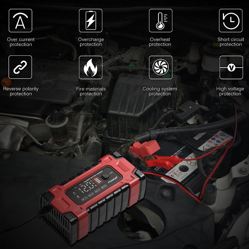 12V 10A Fully Automatic Car Battery Charger 7-Stage Fast Charging 6-180Ah for AGM GEL WET Lead Acid Battery Charger LCD Display