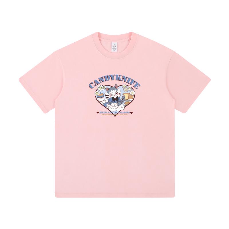 Lazy Style Pure Cotton Cute Kitten Short Sleeve Casual T-Shirt for Summer