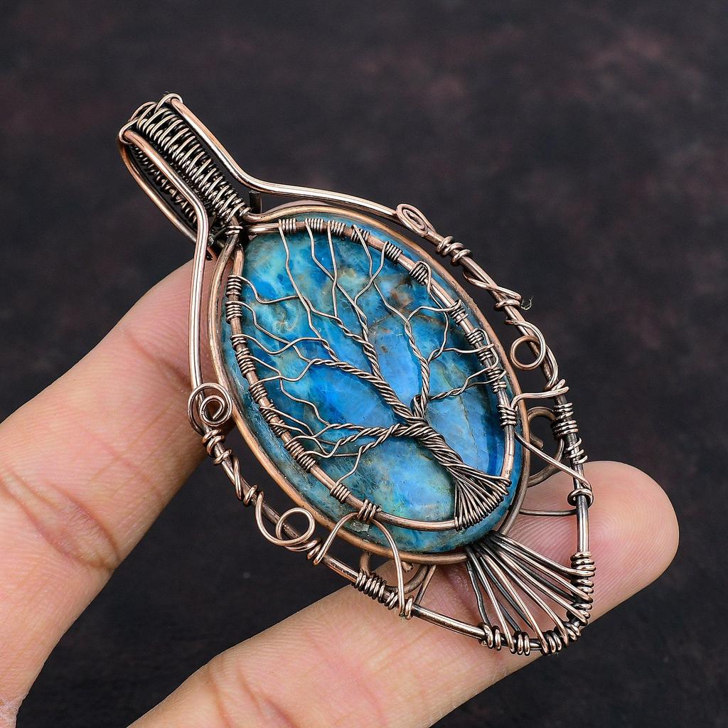 Tree Of Life Neon Apatite Pendant Copper Wire Wrapped Pendant Gemstone Copper Jewelry Handmade Pendant Tree Of Life Jewelry Anniversary Gift