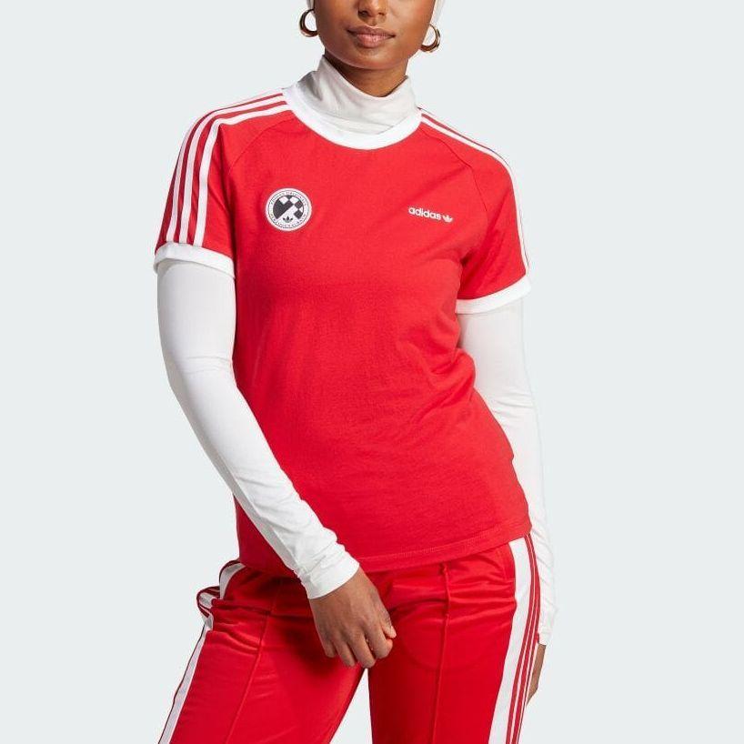 Adidas Originals Striped Letter Print Slim Fit Round Neck Short Sleeve T-Shirt Women Tops Crimson IR9786