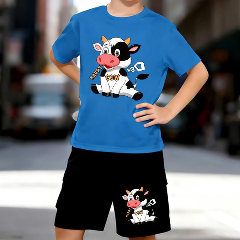 Boys 2 Piece Cartoon Cow Printed Outfit, Short Sleeve T-Shirt and Shorts Set for Kids Age 5-14,White, Black Sporty Casual Summer Clothes