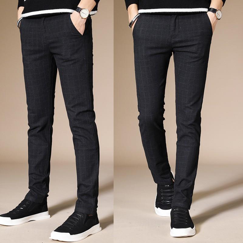 Mens Slim Fit Casual Pants Thin Stretch Long Trousers Plaid
