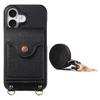 For iPhone 16 Case Mirror Card Holder Litchi Texture Leather Phone Back Cover with Long Strap