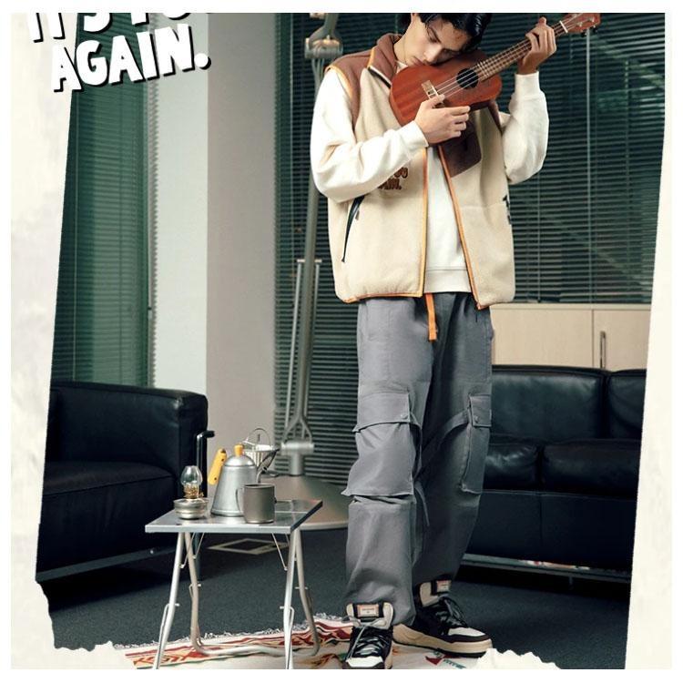 Li-Ning Urban Outdoor Series Velvet Patchwork Loose Straight-Leg Casual Pants Men Bottoms Shadow-Gray AKXR605-1