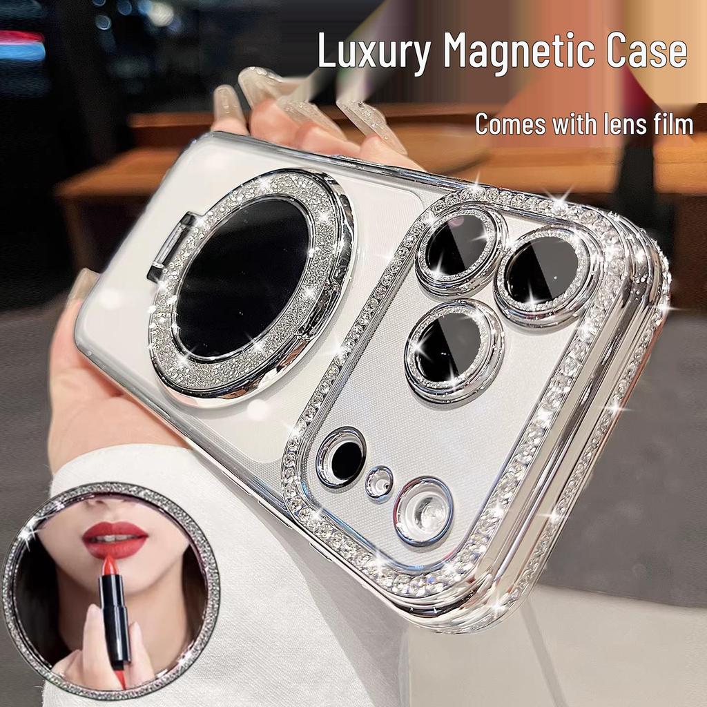 Rhinestone Glitter Mirror iPhone 17 Pro Max Case with Magnetic Stand - Luxury Female Cover, Also Fits iPhone 16 & 15