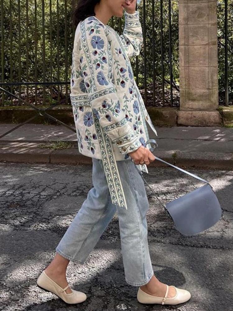 Elegant Women Cotton Jacket Floral Print Belted Coat Autumn Winter Fashion Long Sleeves Single Breasted O Neck Streetwear New Lady Outerwear
