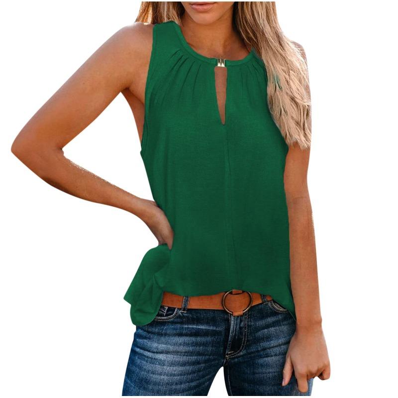 VEZFAA Women's Fashion Casual Summer Spring Solid Color Print Sleeveless V-Neck Blouses & Shirts