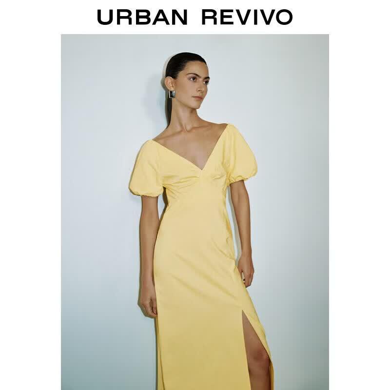 UR2026 Women s Summer V-Neck Slit Resort Dress XS светло-желтого