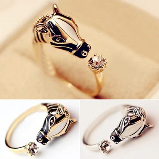 Women Fashion Horse Head Rhinestone Opening Finger Ring for Party Club