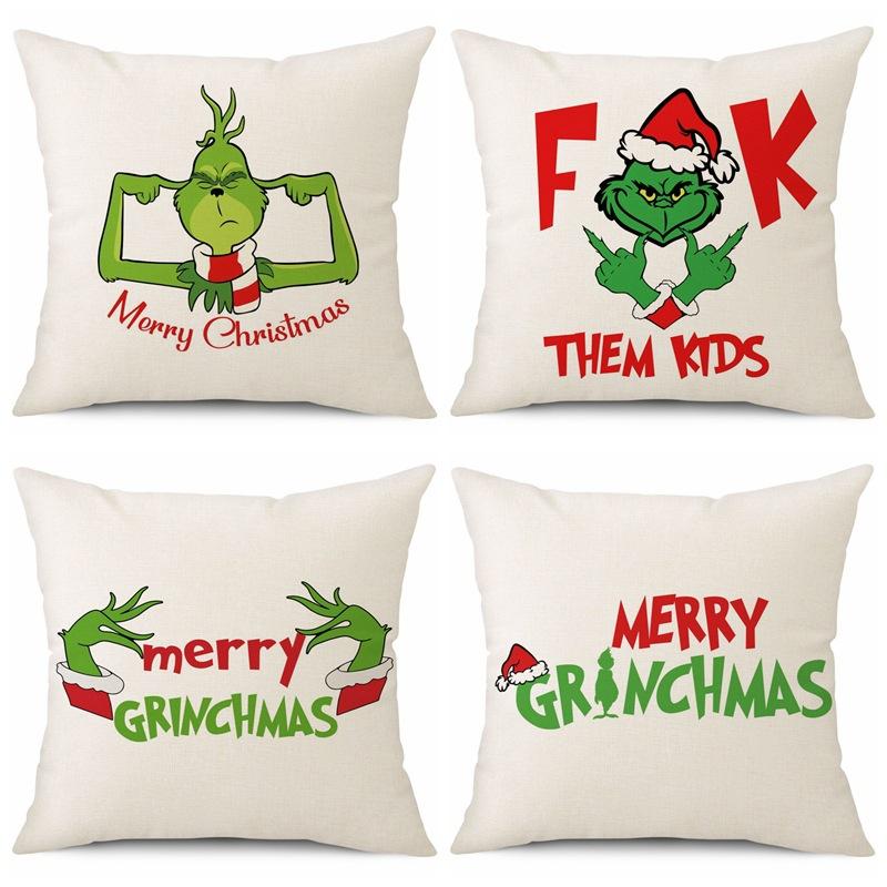 New Funny Designs and Popular Christmas Green Haired Weird Grinch Linen Pillowcase Living Room Bedroom Backrest Cover