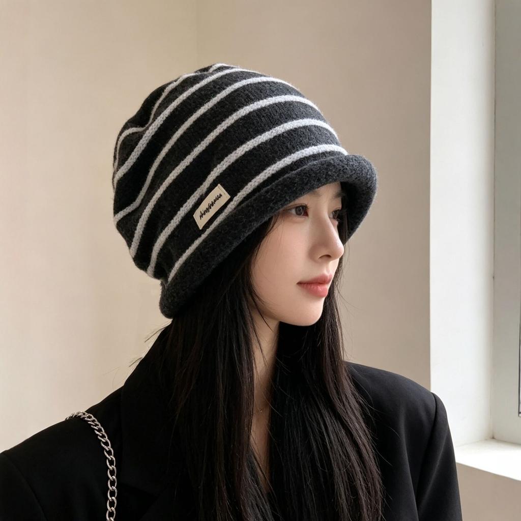 Winter Striped Knitted Hat Women Rolled Cuff Letter Beanie Cute Casual Warm Ear Protection Cold-Proof Cap